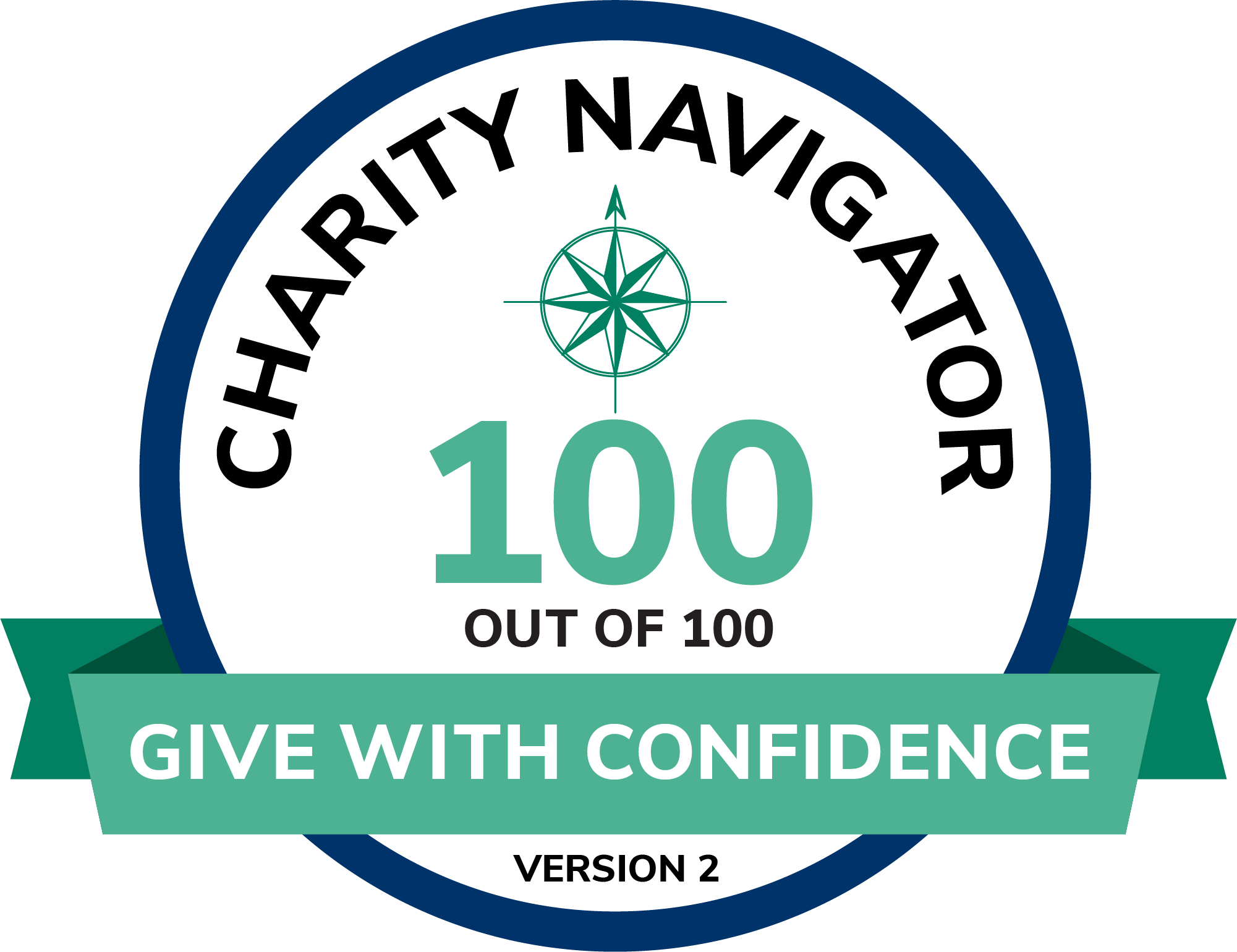 Charity Navigator Seal. 100 out of 100. Give with Confidence.